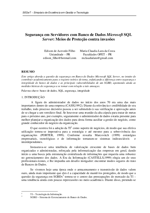 (PDF) Segurança em Servidores com Banco de Dados Microsoft SQL Server ...