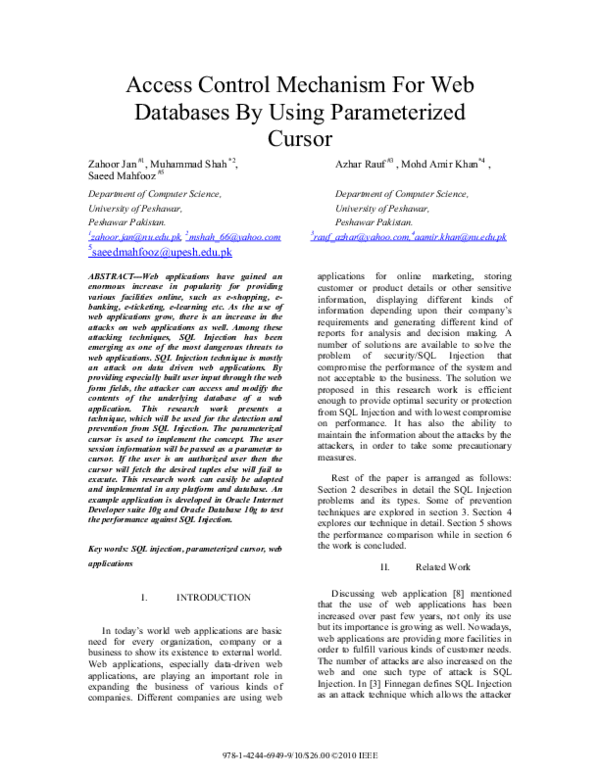 (PDF) Access Control Mechanism For Web Databases By Using Parameterized ...
