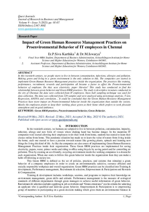 (PDF) Impact of Green Human Resource Management Practices on ...