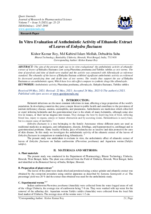 (PDF) In Vitro Evaluation of Anthelmintic Activity of Ethanolic Extract ...