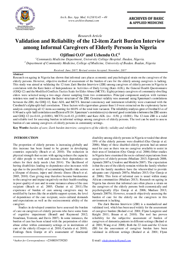 (PDF) Validation and Reliability of the 12item Zarit Burden Interview