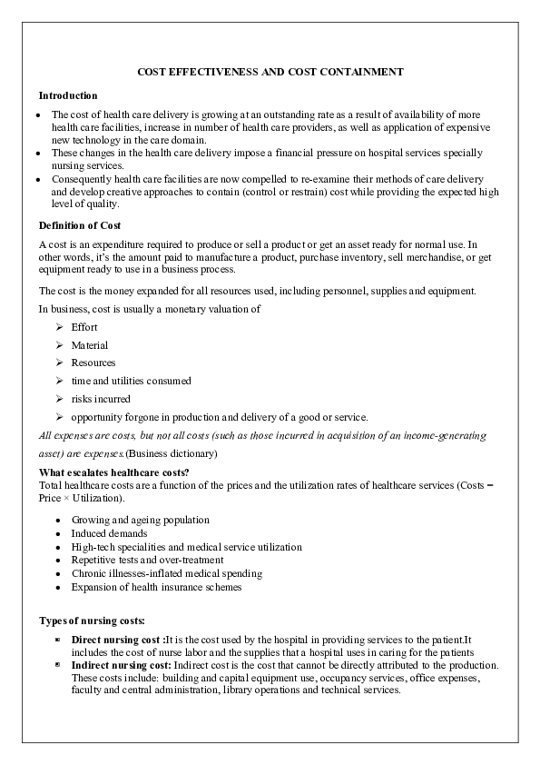 (DOC) Cost effectiveness and Cost containment saumya P . srivastava