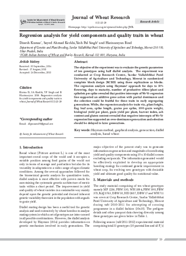 (PDF) Regression analysis for yield components and quality traits in wheat Journal of Cereal