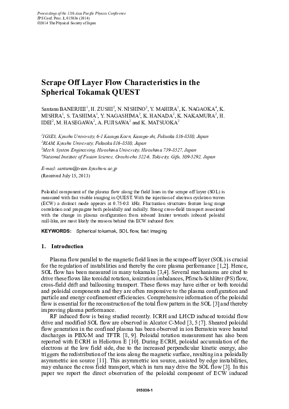 (PDF) Scrape Off Layer Flow Characteristics in the Spherical Tokamak QUEST