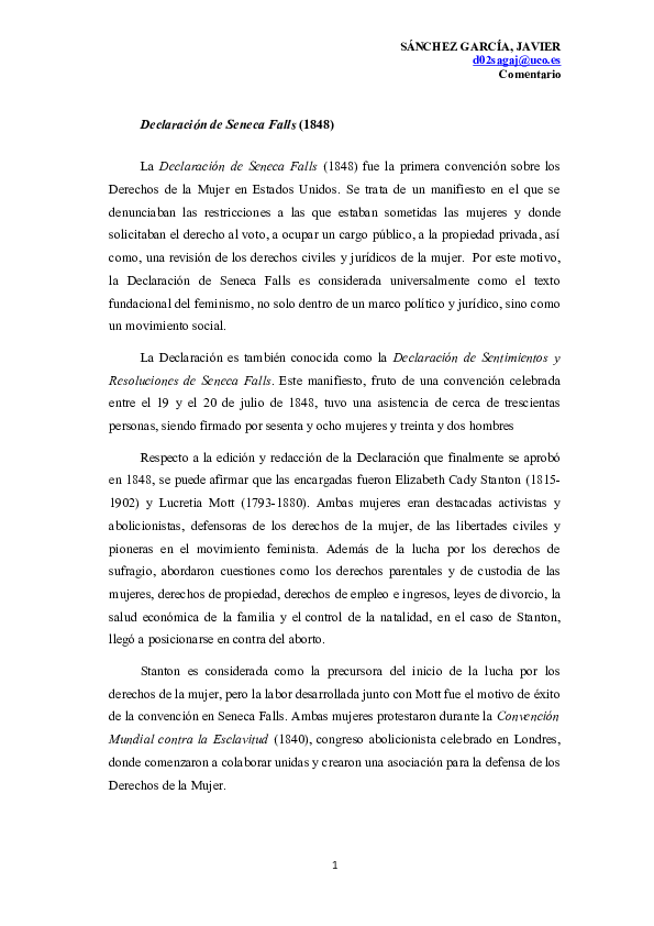 (DOC) Comentario Declaración de Seneca Falls (1848) Javier Sánchez