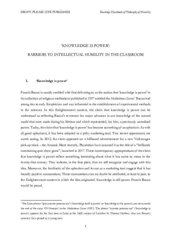 (PDF) 'Knowledge is Power': Barriers to Intellectual Humility in the ...