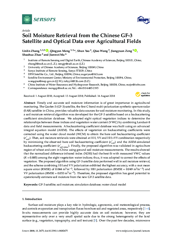 (PDF) Soil Moisture Retrieval from the Chinese GF-3 Satellite and ...