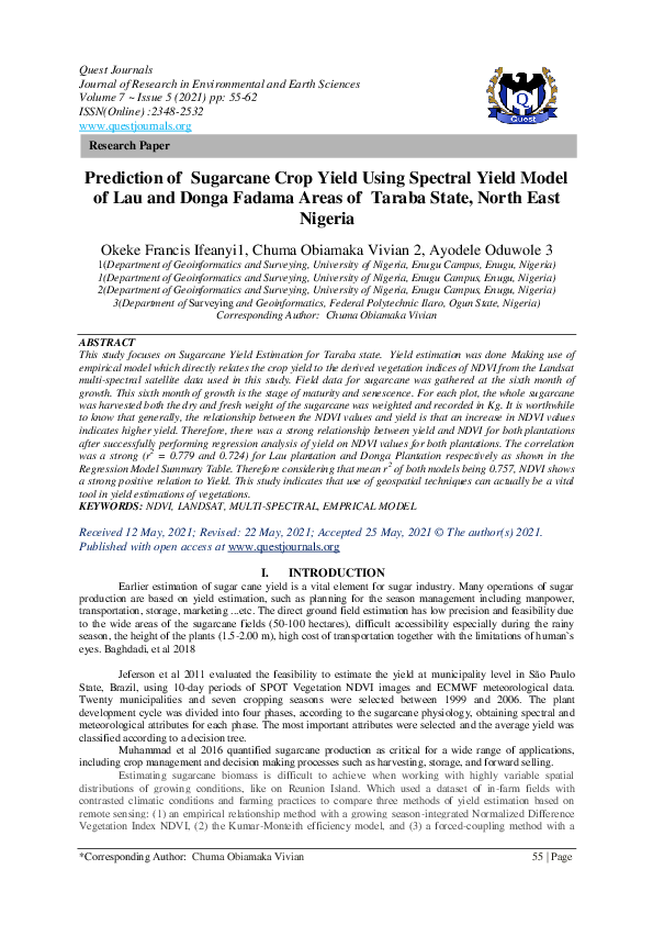 (PDF) Prediction of Sugarcane Crop Yield Using Spectral Yield Model of ...