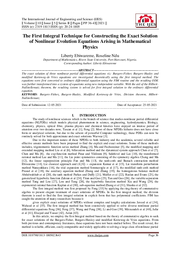 (PDF) The First Integral Technique for Constructing the Exact Solution ...