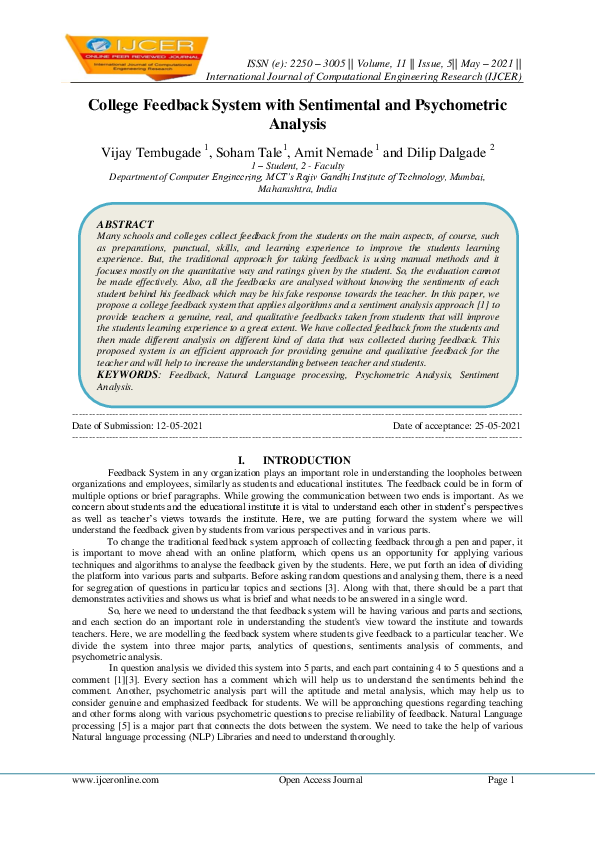 (PDF) College Feedback System with Sentimental and Psychometric Analysis
