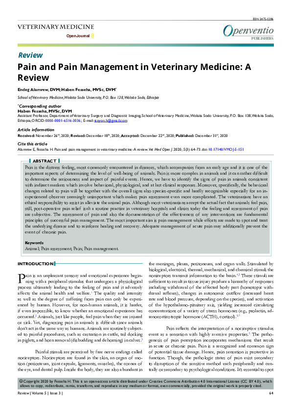 (PDF) Pain and Pain Management in Veterinary Medicine A Review Veterinary Medicine Open