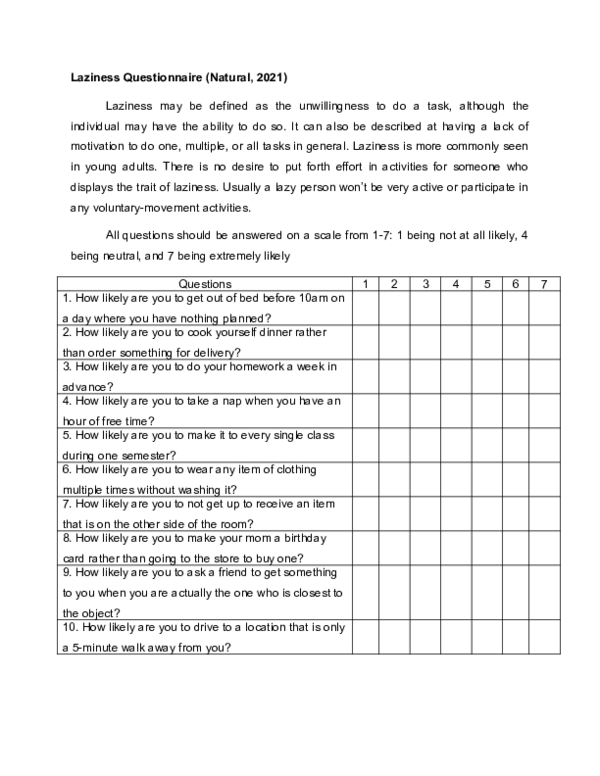 (DOC) Laziness Questionnaire