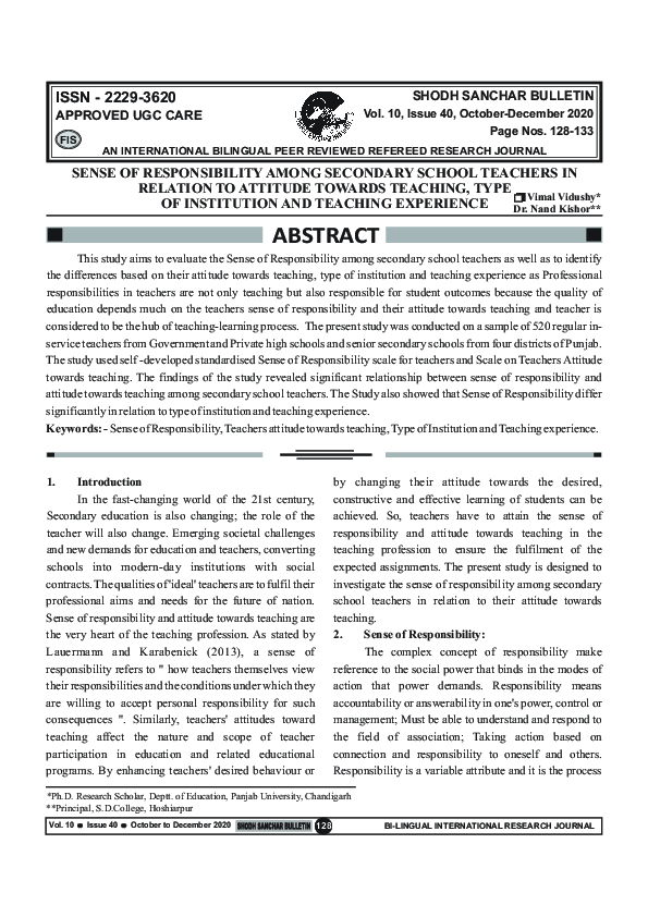 (PDF) SENSE OF RESPONSIBILITY AMONG SECONDARY SCHOOL TEACHERS IN ...