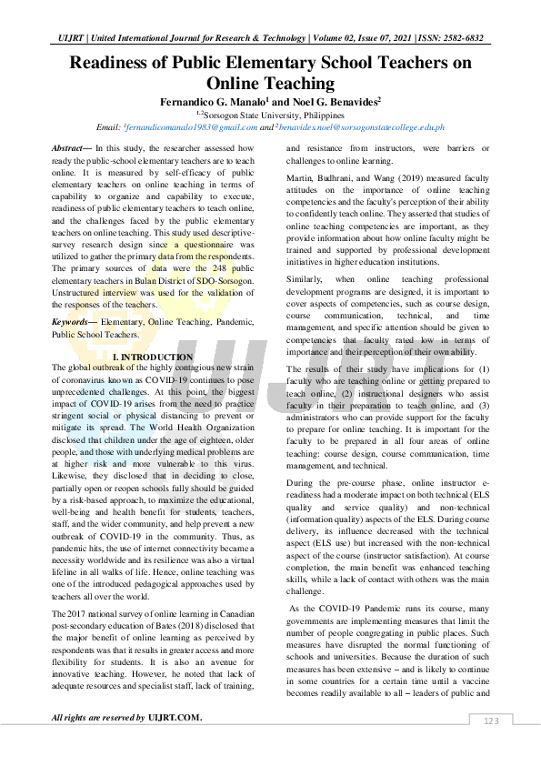 (PDF) Readiness of Public Elementary School Teachers on Online Teaching