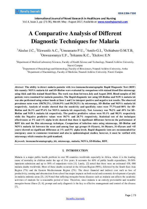 (PDF) A Comparative Analysis of Different Diagnostic Techniques for Malaria
