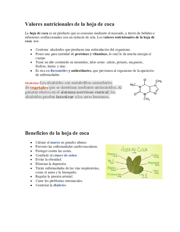 (DOC) Valores nutricionales de la hoja de coca Diana Herazo L
