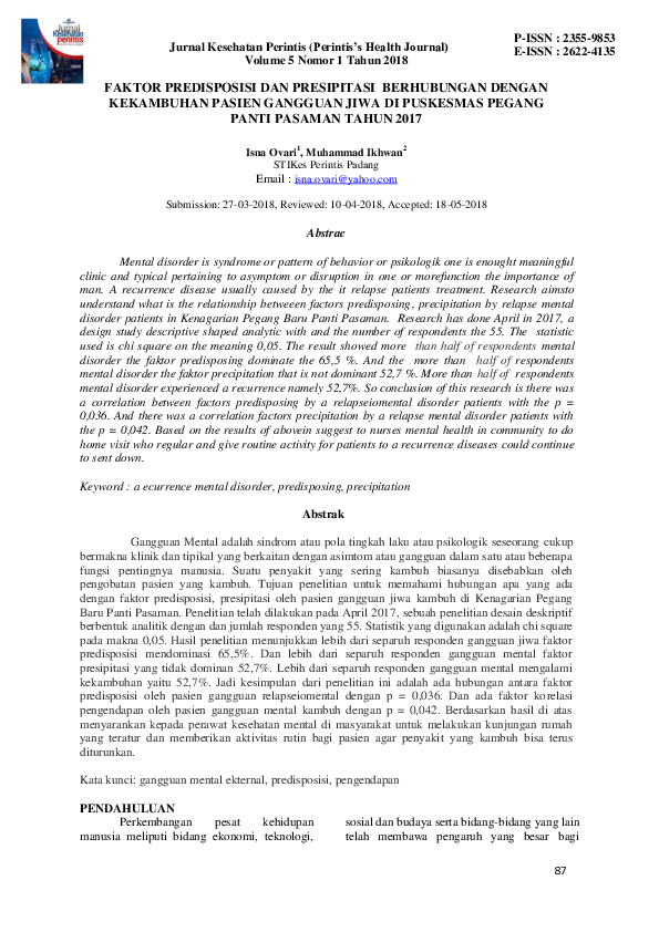 (PDF) FAKTOR PREDISPOSISI DAN PRESIPITASI BERHUBUNGAN DENGAN KEKAMBUHAN PASIEN GANGGUAN JIWA DI