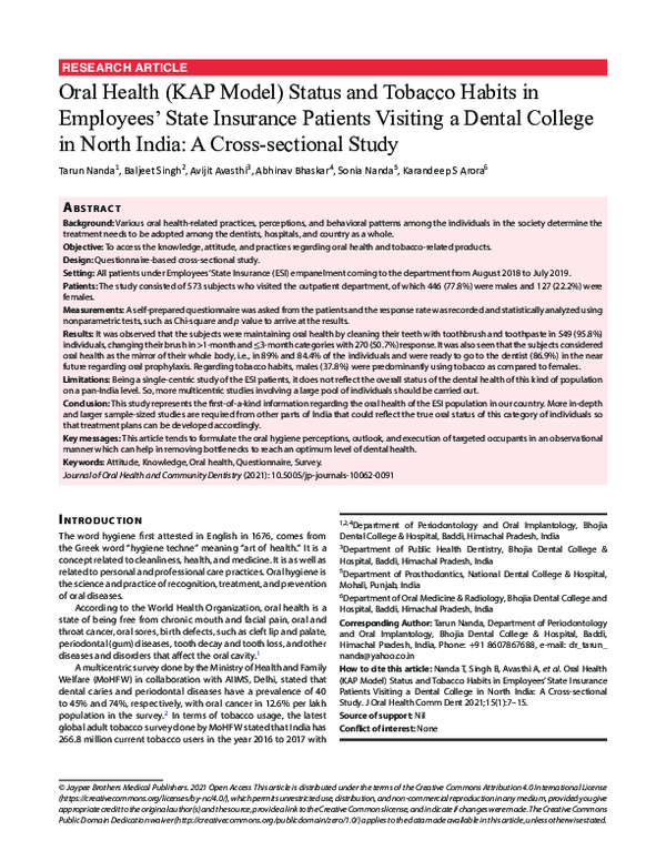 (PDF) Oral Health (KAP Model) Status and Tobacco Habits in Employees ...