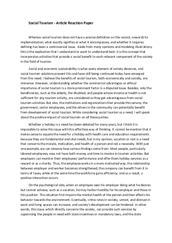 (PDF) Social Tourism -Article Reaction Paper