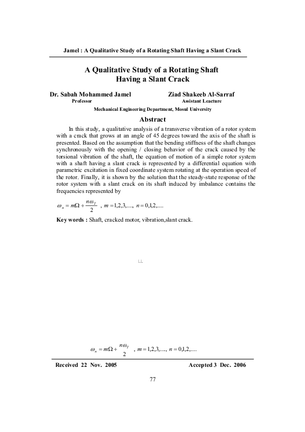 (PDF) A Qualitative Study of a Rotating Shaft Having a Slant Crack
