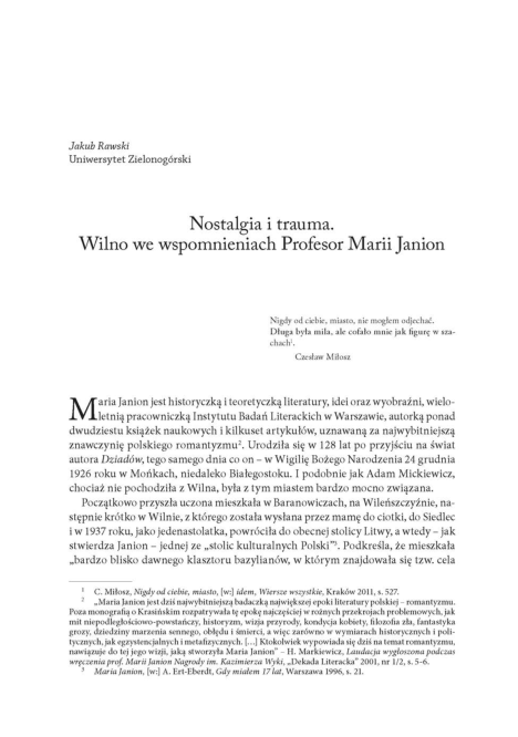 (PDF) Nostalgia i trauma. Wilno we wspomnieniach Profesor Marii Janion
