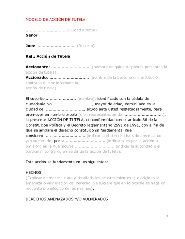 (DOC) MODELO DE ACCIÓN DE TUTELA