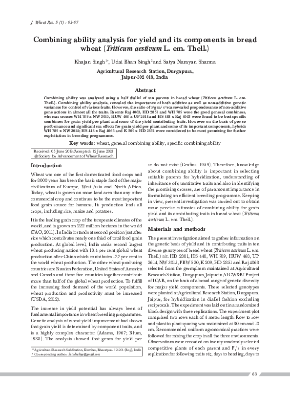 (PDF) Combining ability analysis for yield and its components in bread ...