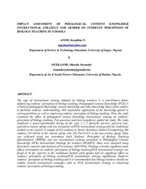 (DOC) IMPACT ASSESSMENT OF PEDAGOGICAL CONTENT KNOWLEDGE INSTRUCTIONAL ...