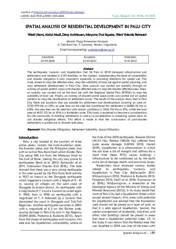 (PDF) SPATIAL ANALYSIS OF RESIDENTIAL DEVELOPMENT IN PALU CITY