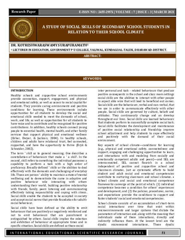 (PDF) A STUDY OF SOCIAL SKILLS OF SECONDARY SCHOOL STUDENTS IN RELATION ...