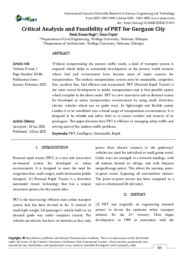 (PDF) Critical Analysis and Feasibility of PRT for Gurgaon City