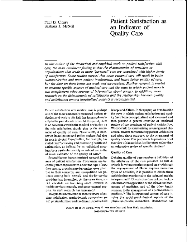 (PDF) Patient Satisfaction as An Indicator of Quality for Care