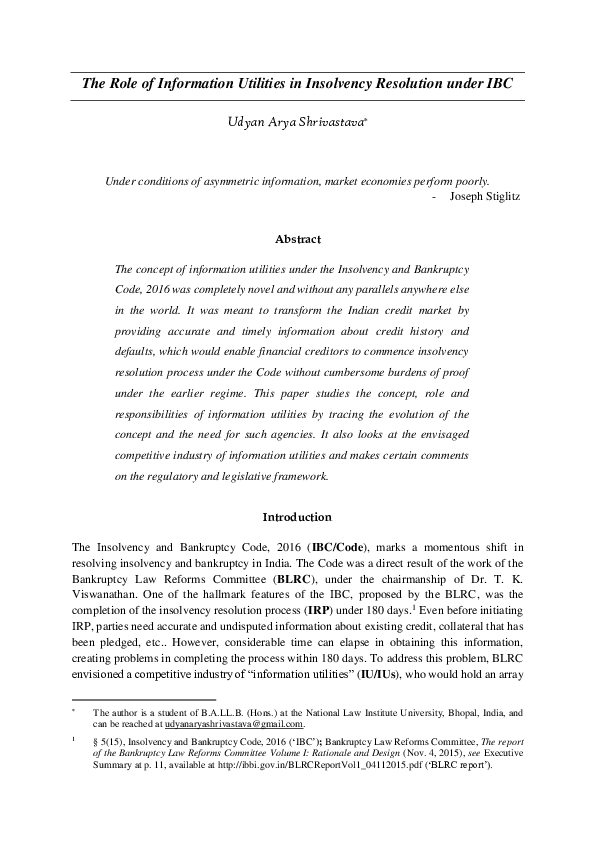 (PDF) The Role of Information Utilities in Insolvency Resolution under IBC Udyan Arya