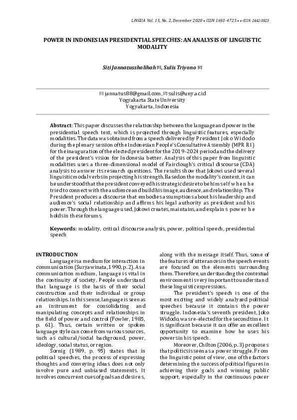 (PDF) POWER IN INDONESIAN PRESIDENTIAL SPEECHES: AN ANALYSIS OF ...