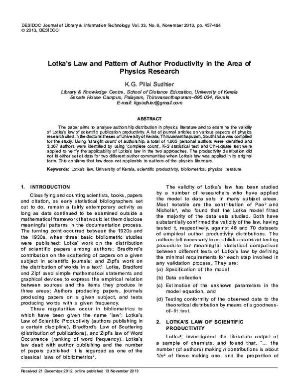 (PDF) Lotka’s Law and Pattern of Author Productivity in the Area of ...
