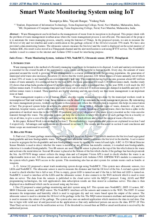 (PDF) Smart Waste Monitoring System using IoT