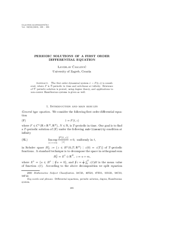 (PDF) Periodic solutions of a first order differential equation