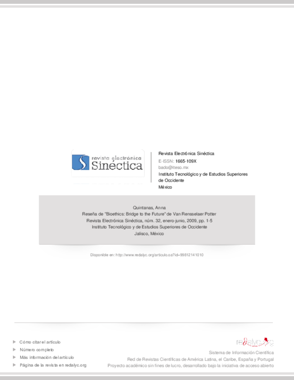 (PDF) Reseña de "Bioethics Bridge to the Future" de Van Rensselaer