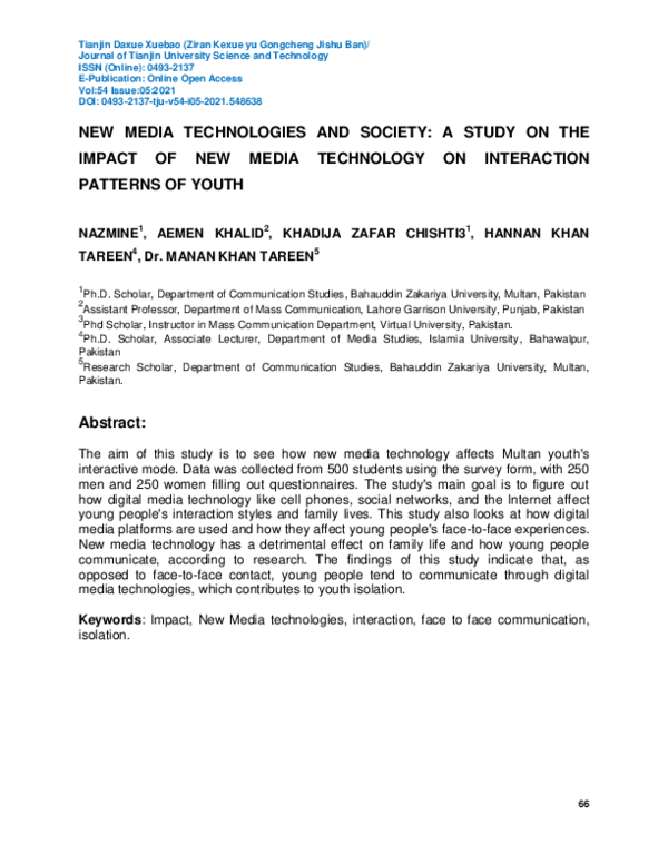 (PDF) NEW MEDIA TECHNOLOGIES AND SOCIETY: A STUDY ON THE IMPACT OF NEW ...