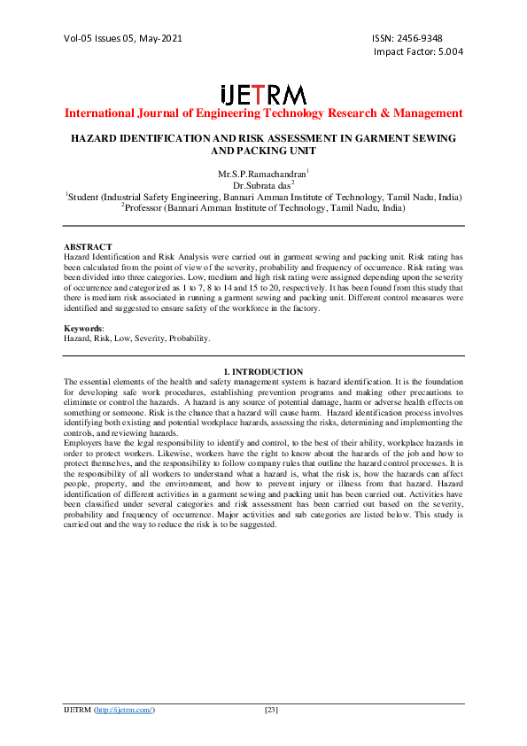 (PDF) HAZARD IDENTIFICATION AND RISK ASSESSMENT IN GARMENT SEWING AND