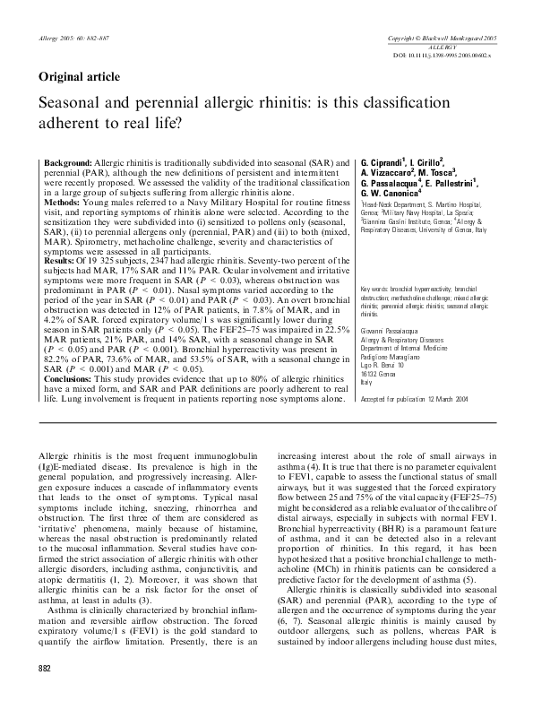 (PDF) Seasonal and perennial allergic rhinitis is this classification