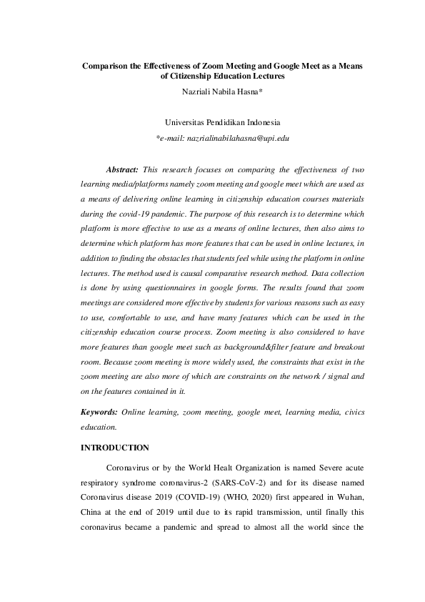 (PDF) Comparison the Effectiveness of Zoom Meeting and Google Meet as a ...