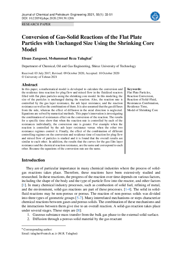 (PDF) Conversion of Gas-Solid Reactions of the Flat Plate Particles ...