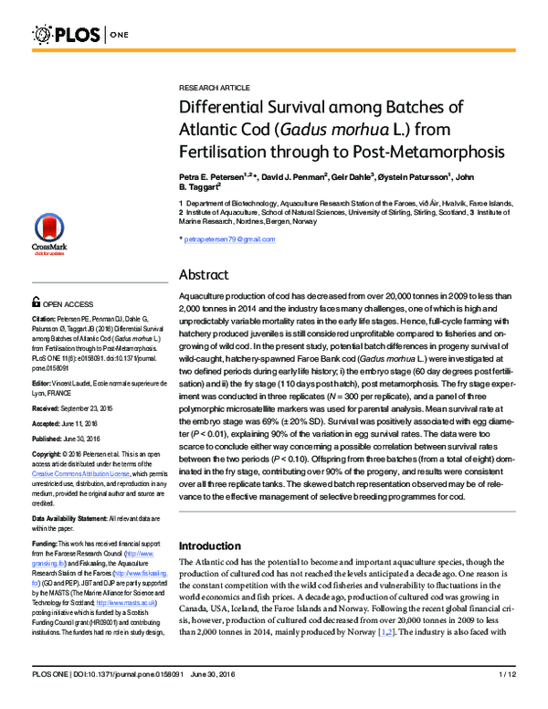 (PDF) Differential Survival among Batches of Atlantic Cod (Gadus morhua ...