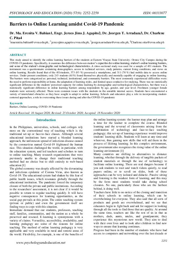 (PDF) Barriers to Online Learning amidst Covid-19 Pandemic
