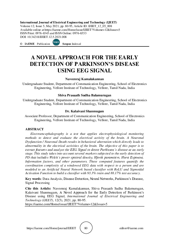 (PDF) A NOVEL APPROACH FOR THE EARLY DETECTION OF PARKINSON’S DISEASE ...