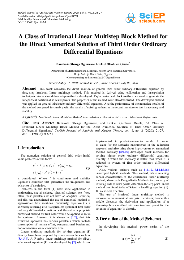 (PDF) A Class of Irrational Linear Multistep Block Method for the ...