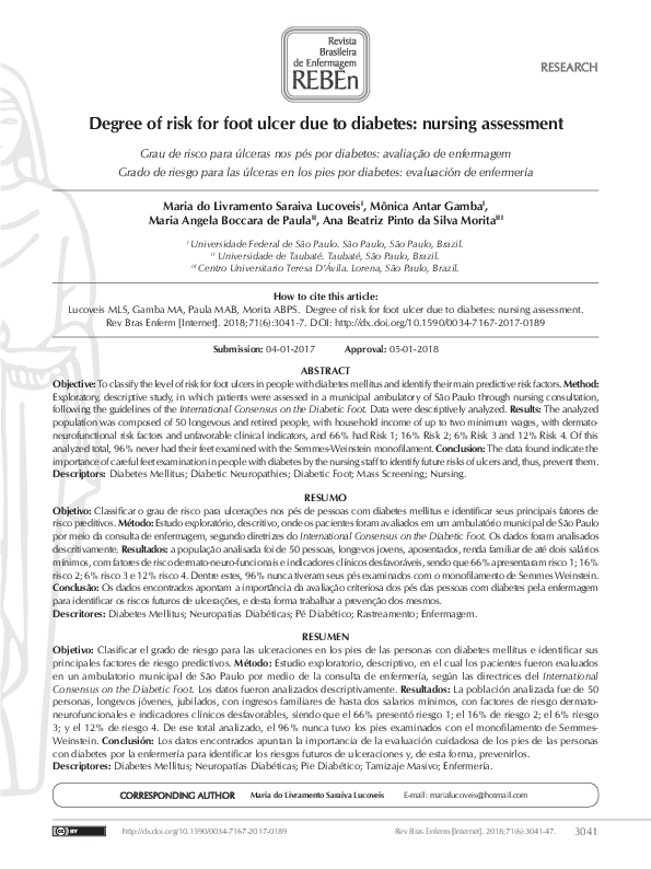 (PDF) Degree of risk for foot ulcer due to diabetes: nursing assessment