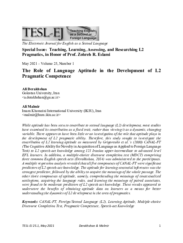 (PDF) The Role of Language Aptitude in the Development of L2 Pragmatic ...