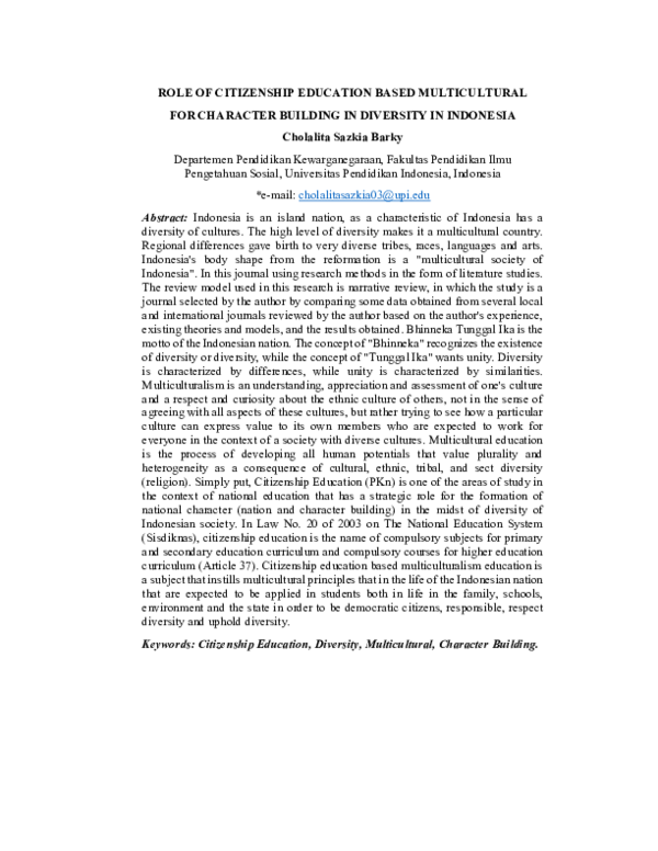 (PDF) ROLE OF CITIZENSHIP EDUCATION BASED MULTICULTURAL FOR CHARACTER ...